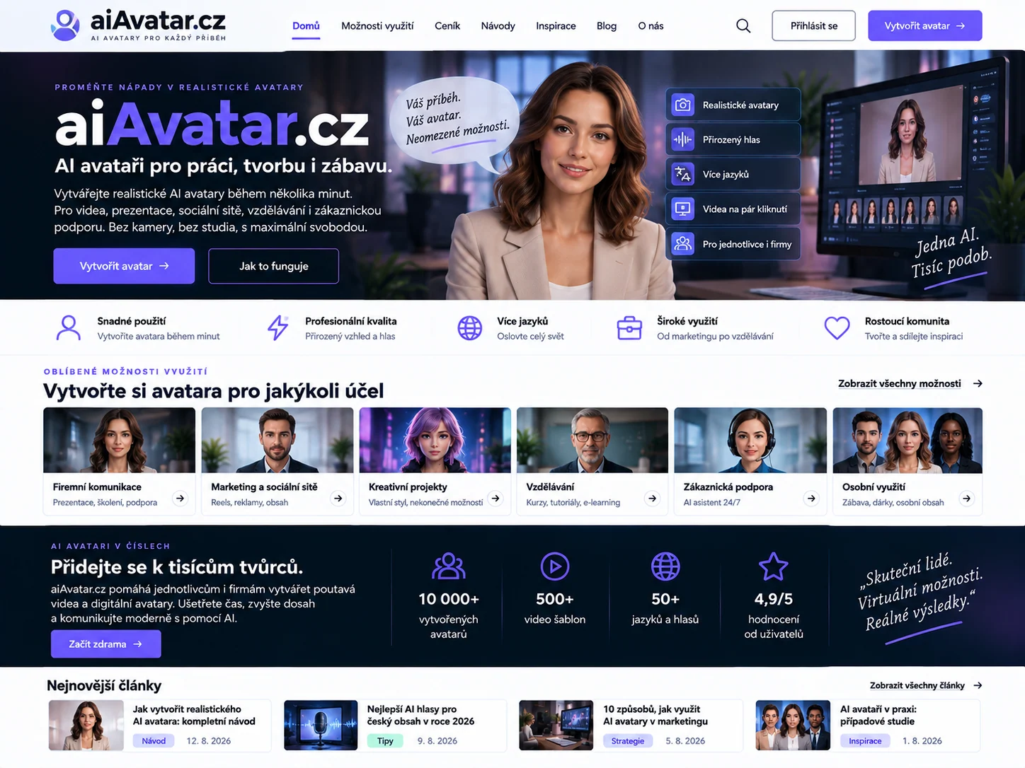 Ilustrační návrh nástroje aiAvatar.cz pro tvorbu digitálních avatarů s ukázkami portrétů